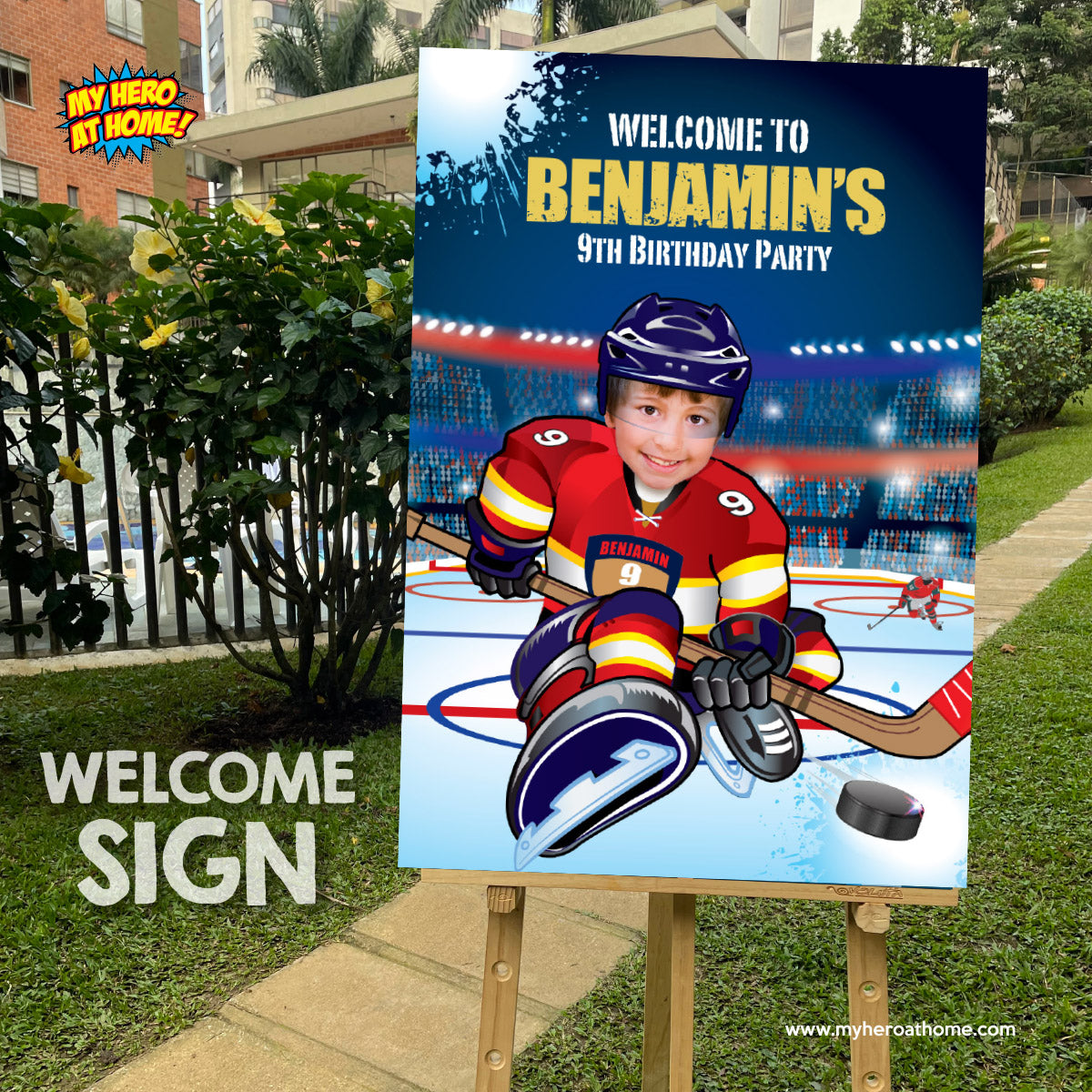Hockey Panthers Welcome sign with Birthday kid as the player, Panthers Party Entrance. 377WS