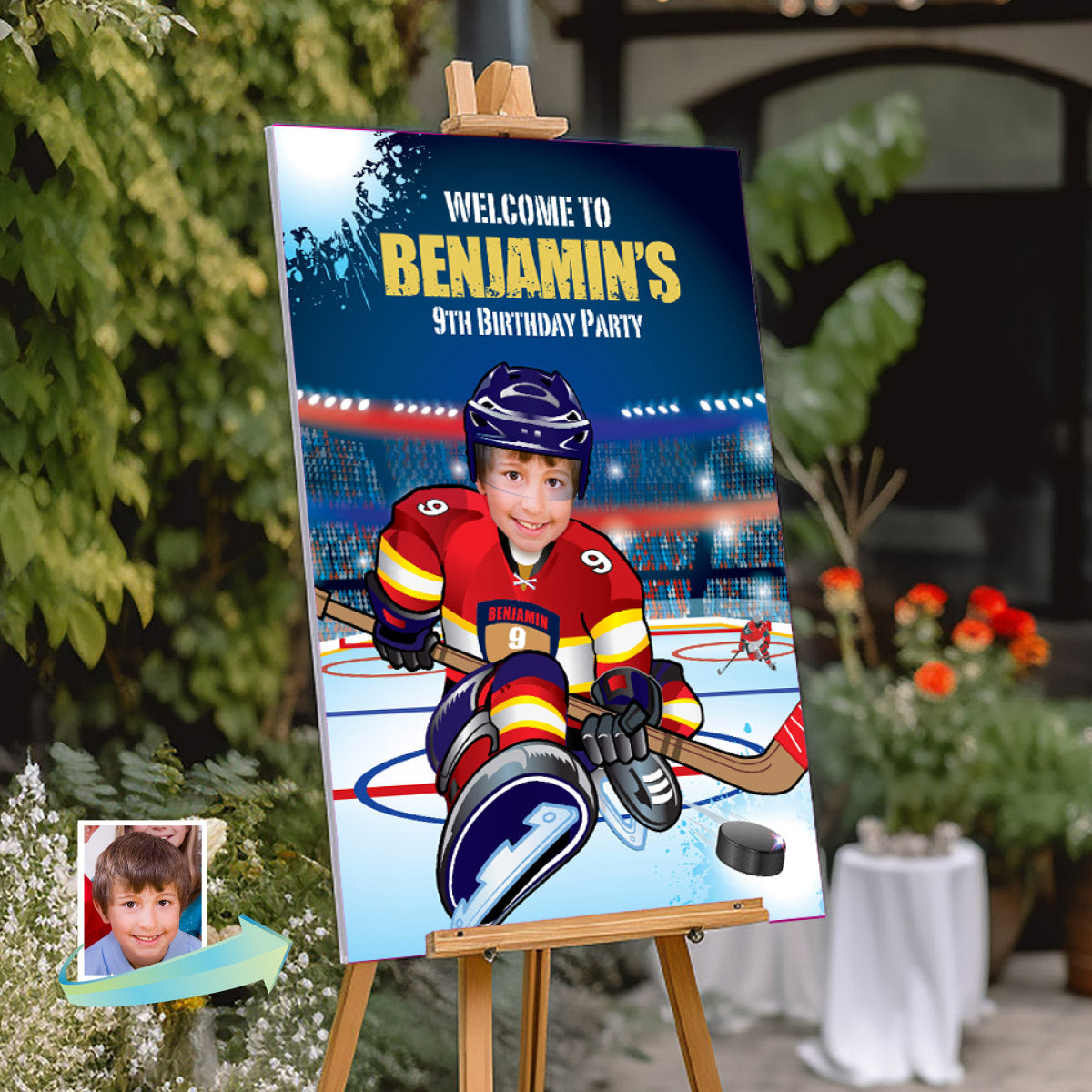 Hockey Panthers Welcome sign with Birthday kid as the player, Panthers Party Entrance. 377WS