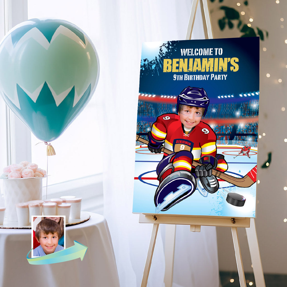 Hockey Panthers Welcome sign with Birthday kid as the player, Panthers Party Entrance. 377WS