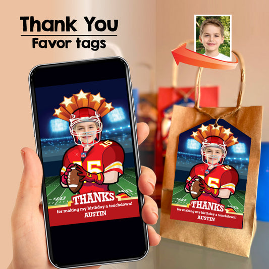 Kansas City Chiefs thank you card with kid as player, Chiefs favor tags with photo. 342TY