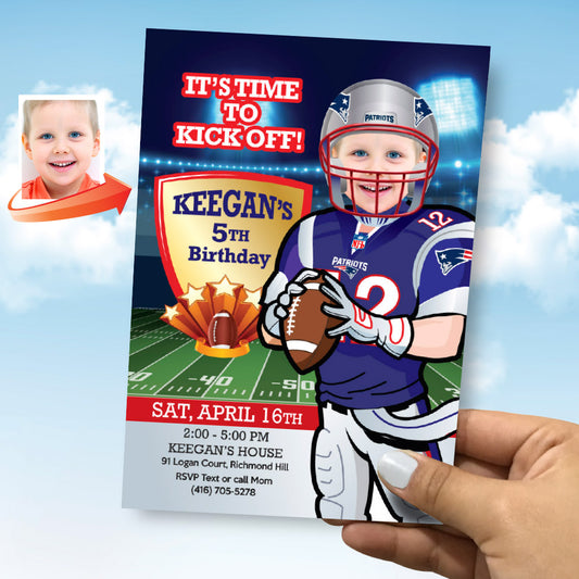 New England Patriots birthday party Invitation with your child as his favorite player, Patriots children theme Party. 343IN