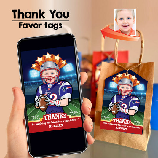 New England Patriots thank you card with kid as player, Patriots favor tags with photo. 343TY