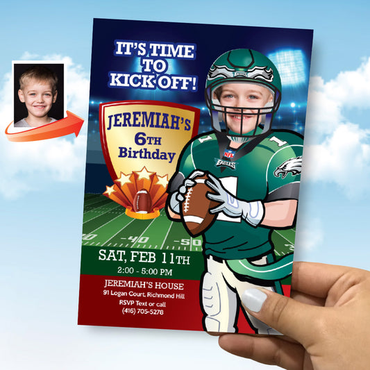 Philadelphia Eagles birthday Invitation template with your kid as the star, Eagles kids theme party. 345IN