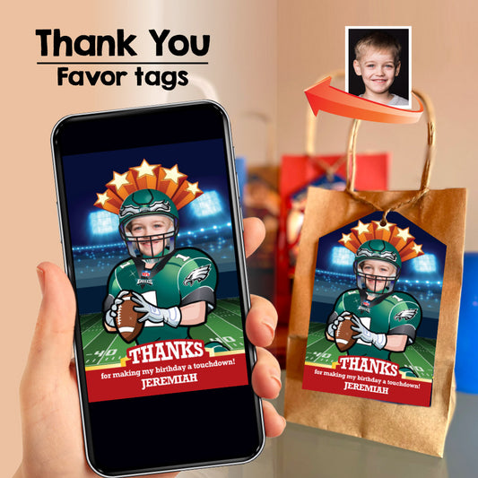 Philadelphia Eagles thank you card with kid as player, Eagles favor tags with photo. 345TY