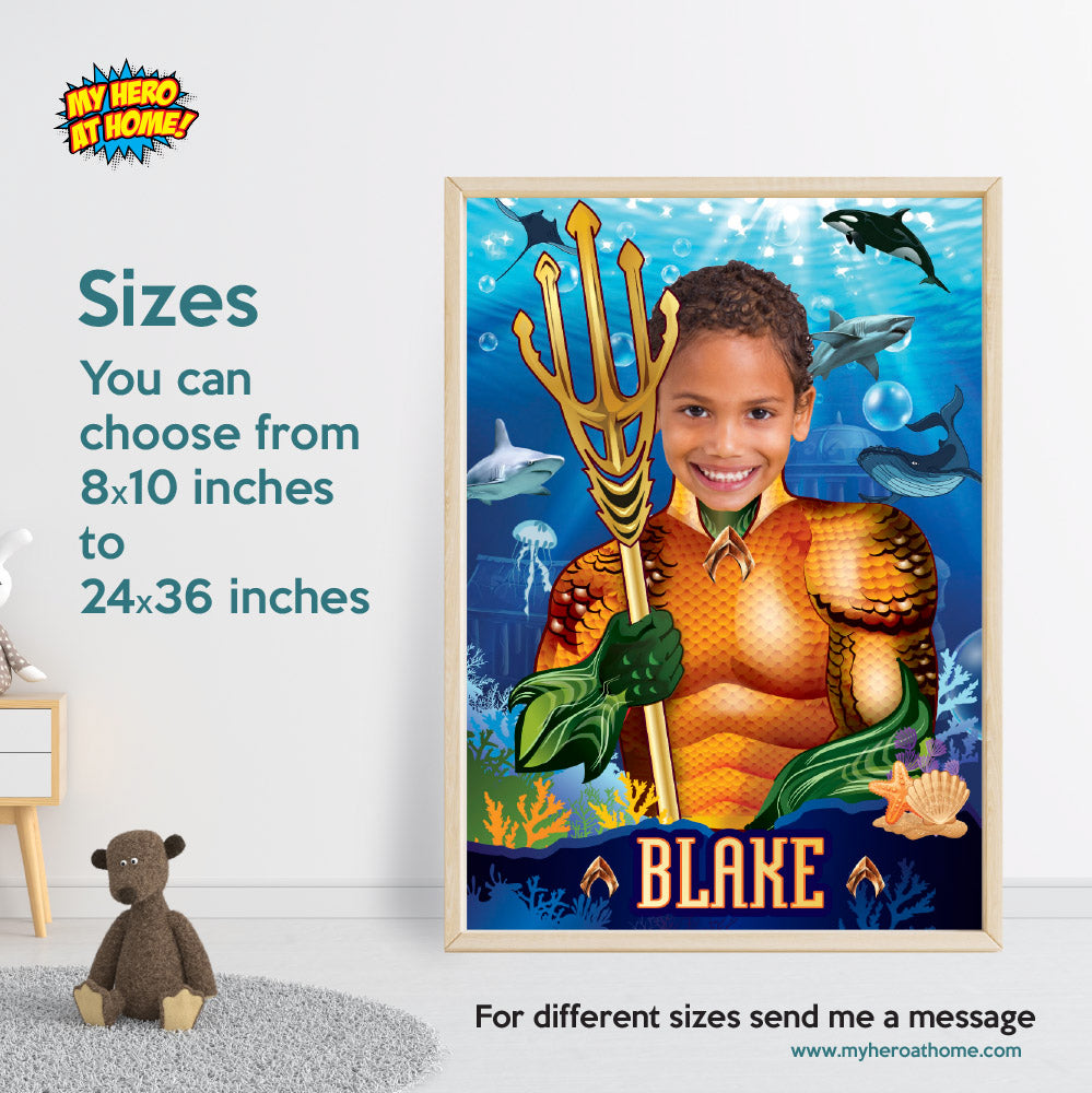 Aquaman Poster with kid as Aquaman, Custom Aquaman Gifts, Aquaman Wall Decor. 349