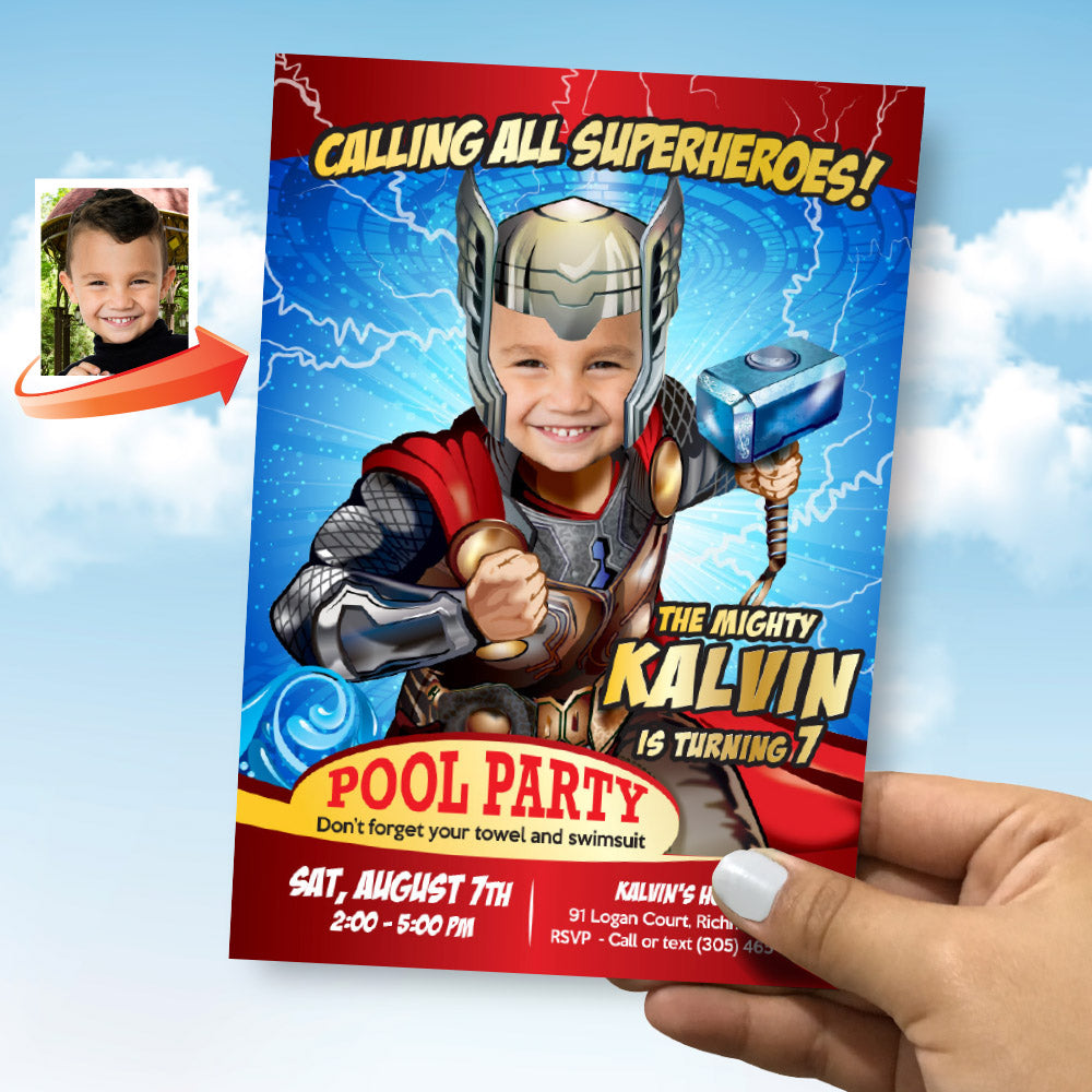 Personalized Thor Pool Party Invitation with kid as the star, Avengers Splash Party. 350IN