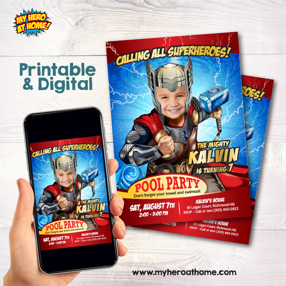 Personalized Thor Pool Party Invitation with kid as the star, Avengers Splash Party. 350IN