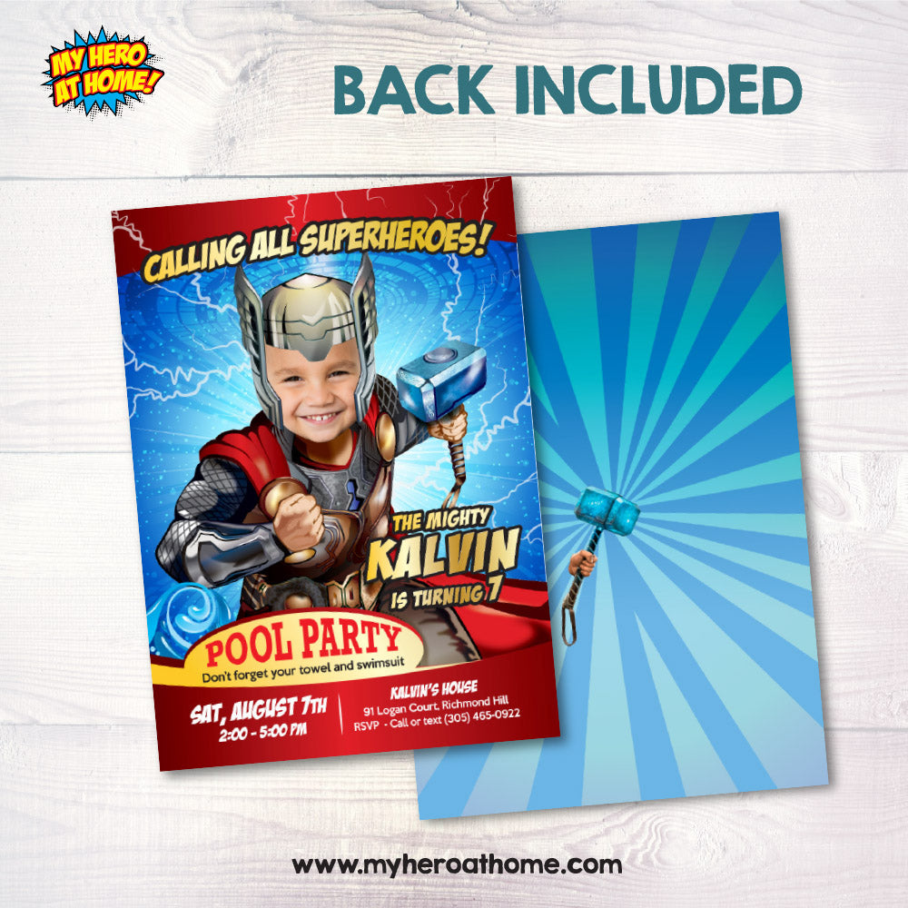 Personalized Thor Pool Party Invitation with kid as the star, Avengers Splash Party. 350IN