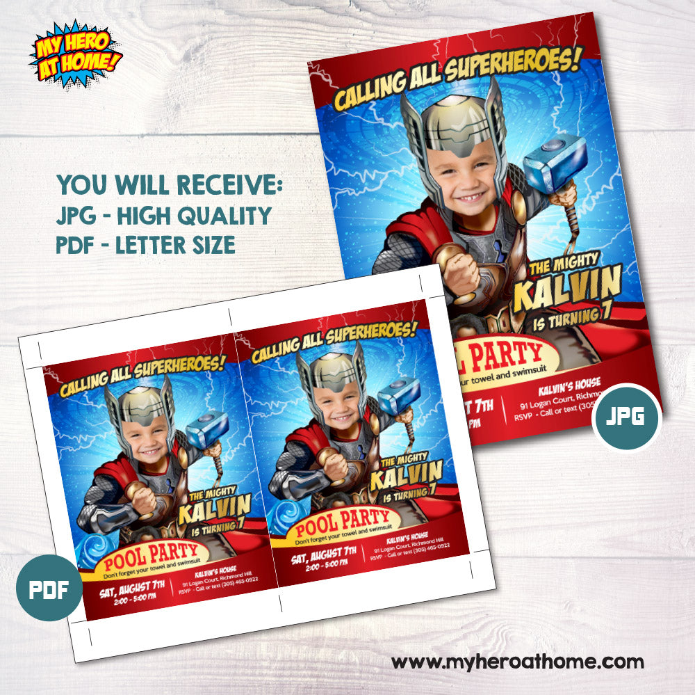 Personalized Thor Pool Party Invitation with kid as the star, Avengers Splash Party. 350IN