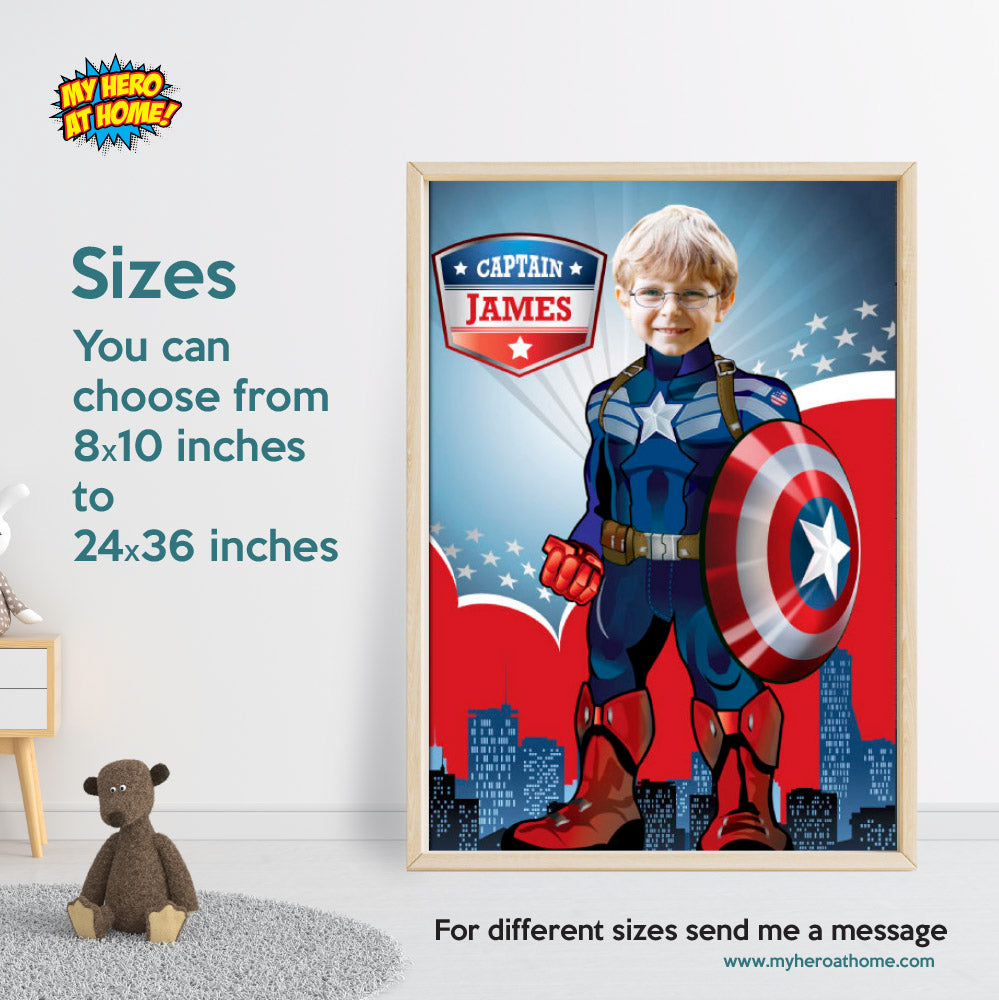Captain America Poster featuring kid as his favorite Avenger, Custom Capt America Gifts. 365