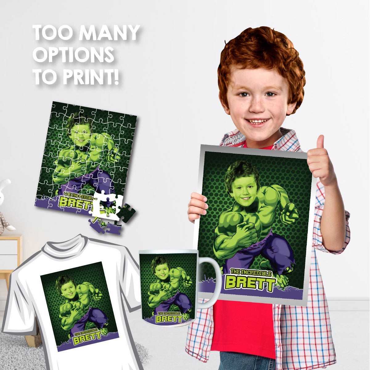 Personalized Hulk Prints Featuring Child as the Incredible Hulk. 366B