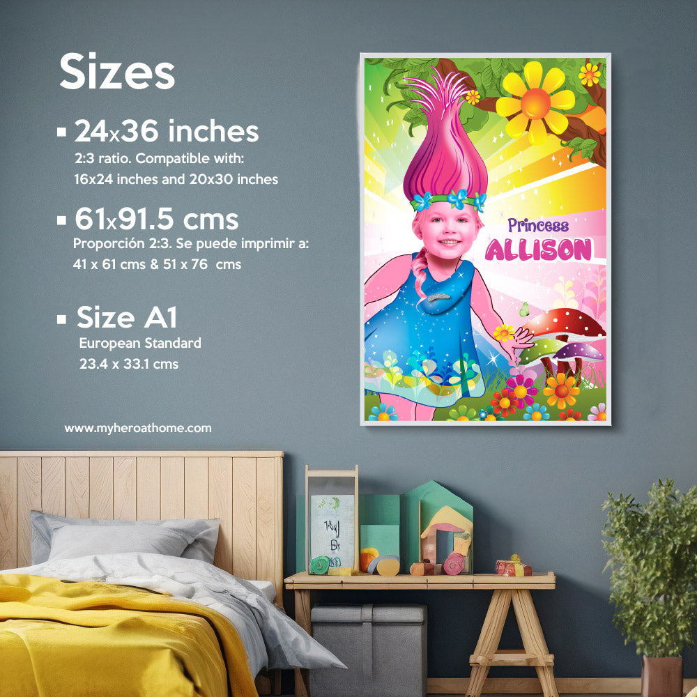 Custom Printable Trolls gift with girl as Princess Poppy, Trolls Girl Room Decor, Trolls Poppy Art poster. 372GF