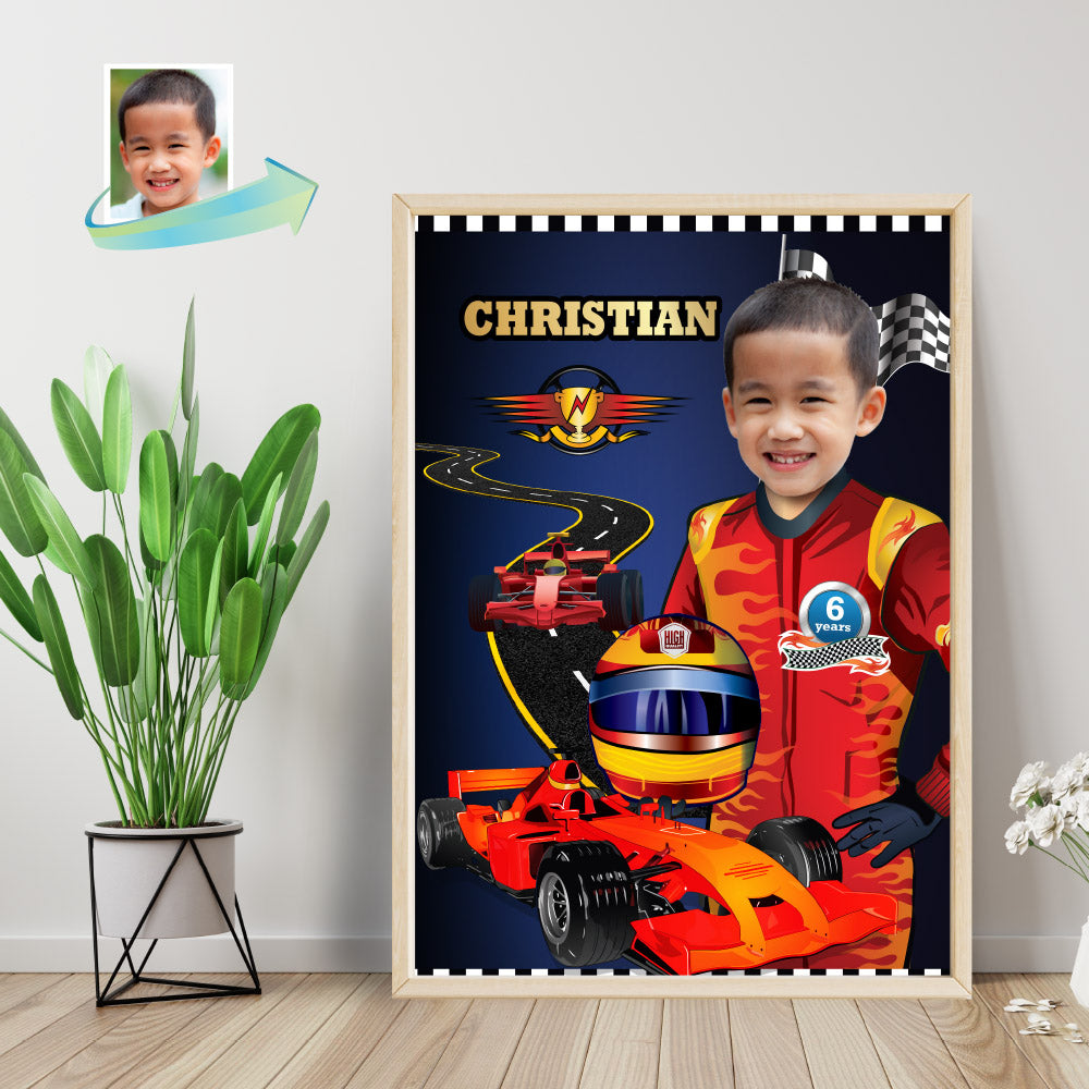 Race Car Poster with photo, Formula One Gift Poster for kid, Printable Race Car Gifts. 375