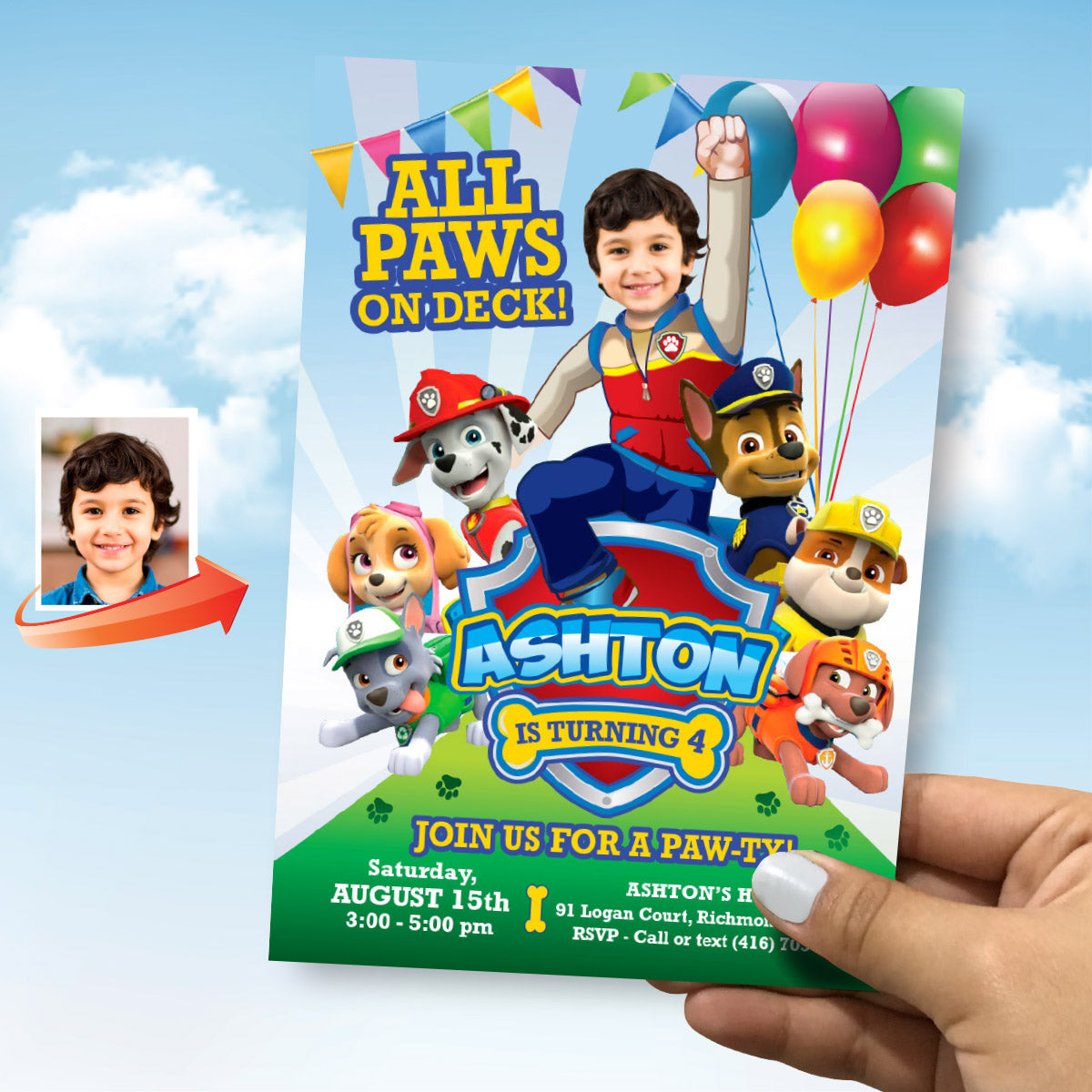 All Paws on Deck Paw Patrol birthday invitation with kid as Ryder. 377C