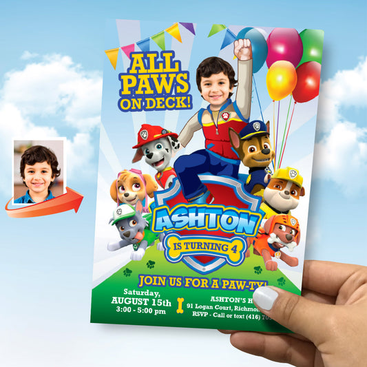 All Paws on Deck Paw Patrol birthday invitation with kid as Ryder. 377C