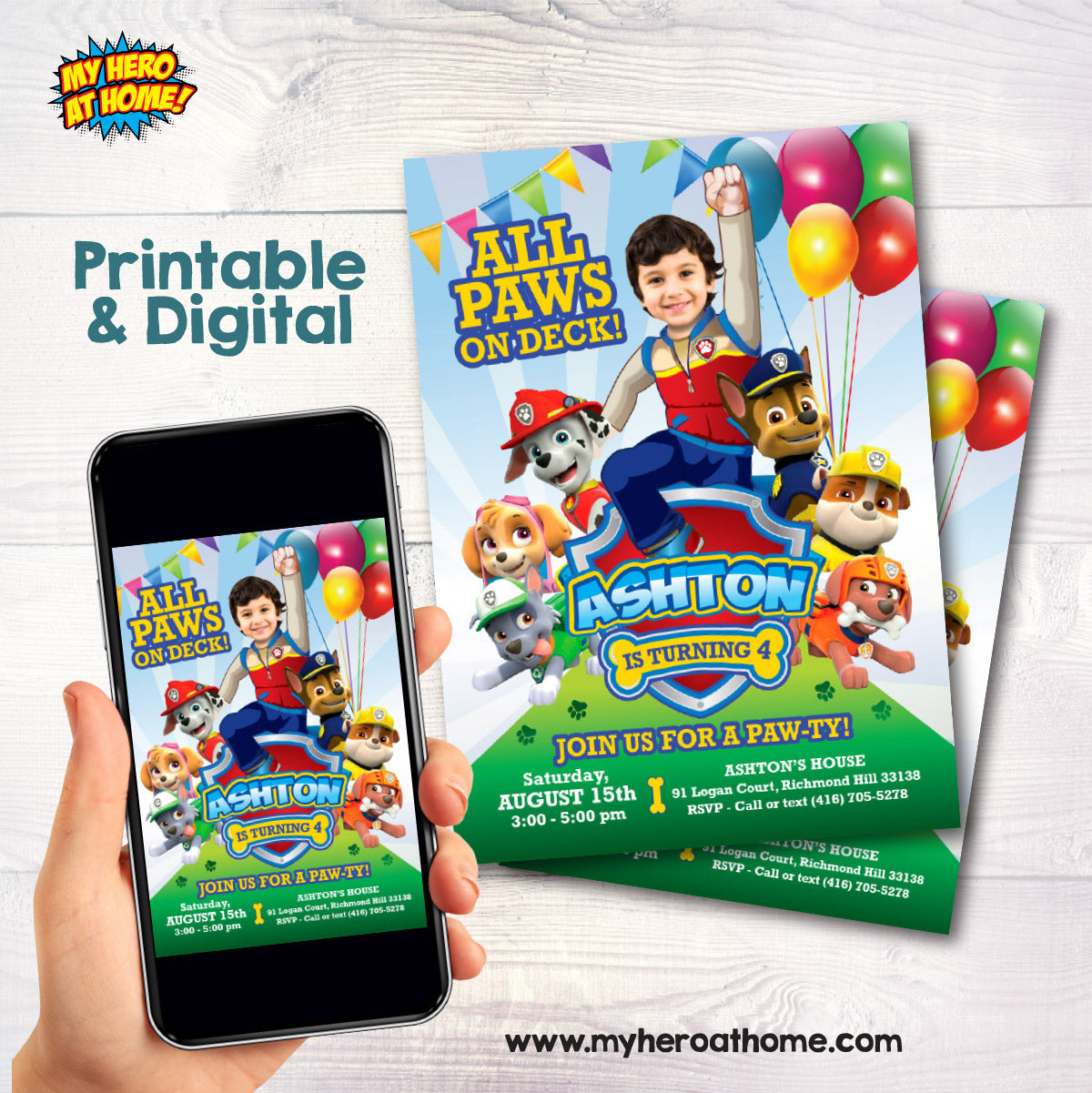 All Paws on Deck Paw Patrol birthday invitation with kid as Ryder. 377C