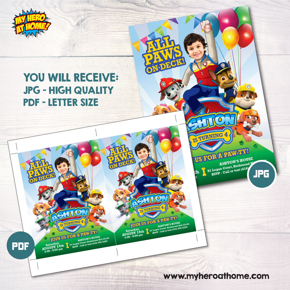 All Paws on Deck Paw Patrol birthday invitation with kid as Ryder. 377C