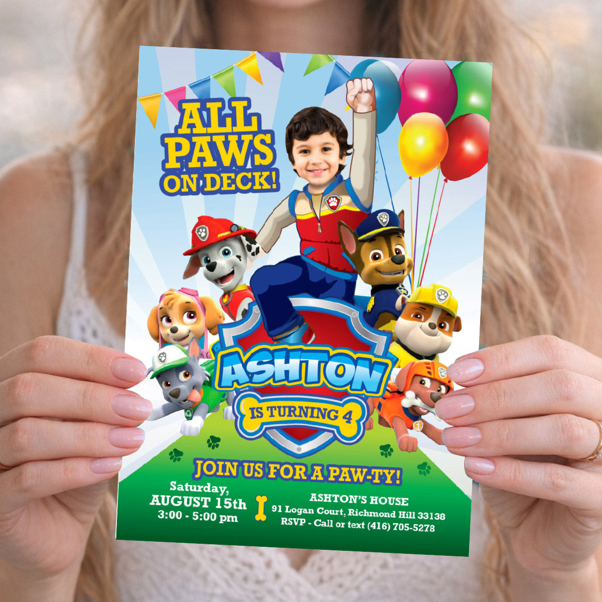 All Paws on Deck Paw Patrol birthday invitation with kid as Ryder. 377C