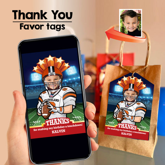 Cleveland Browns thank you card with kid as player, Browns favor tags with photo. 390TY