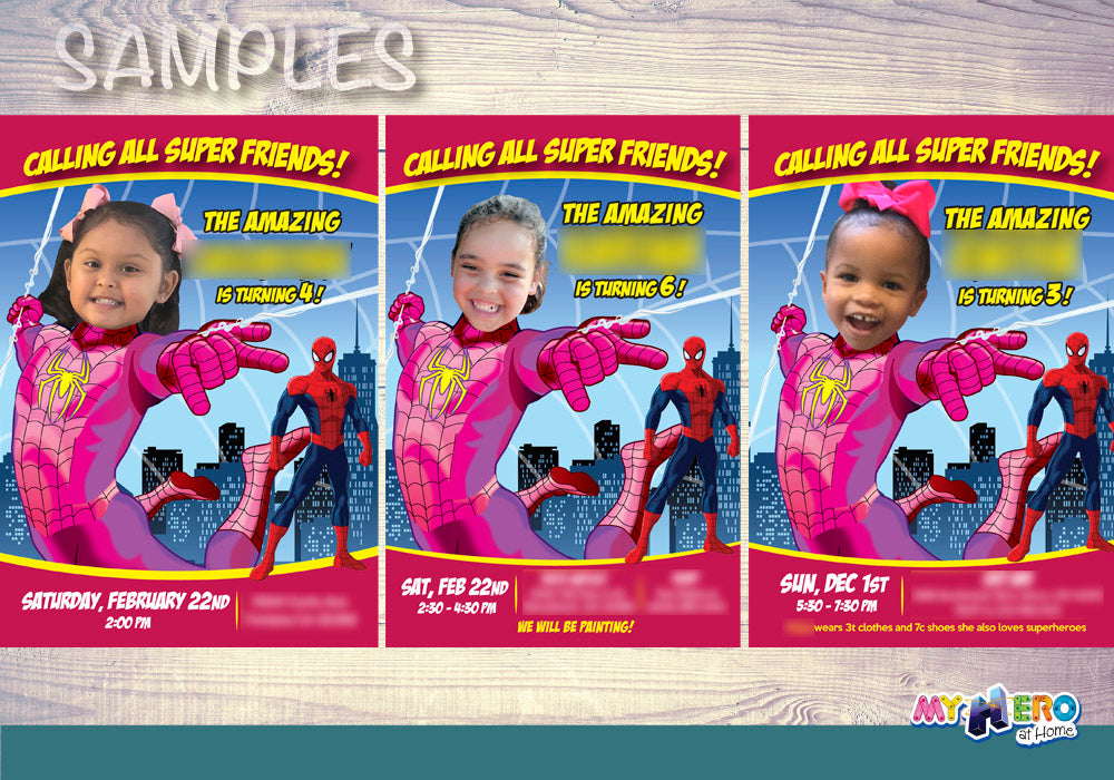 Pink Spider-Girl Birthday Invitation with photo, Spider Girl Photo Invitation. 391B