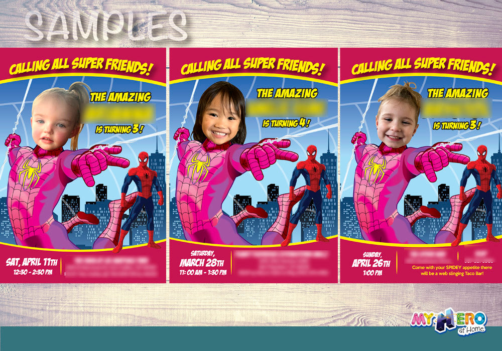 Pink Spider-Girl Birthday Invitation with photo, Spider Girl Photo Invitation. 391B