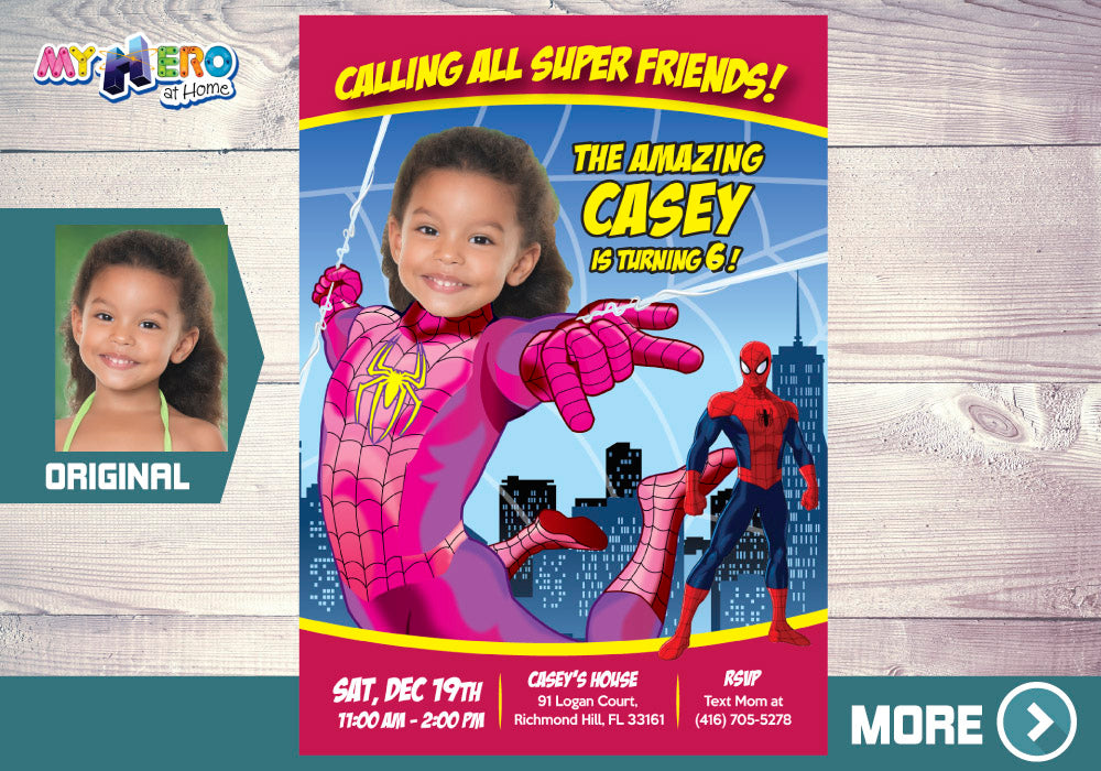 Pink Spider-Girl Birthday Invitation with photo, Spider Girl Photo Invitation. 391B