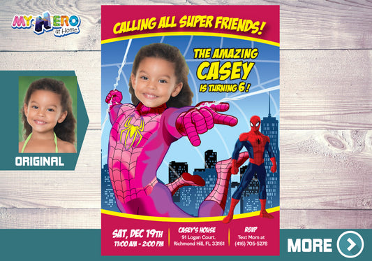 Pink Spider-Girl Birthday Invitation with photo, Spider Girl Photo Invitation. 391B