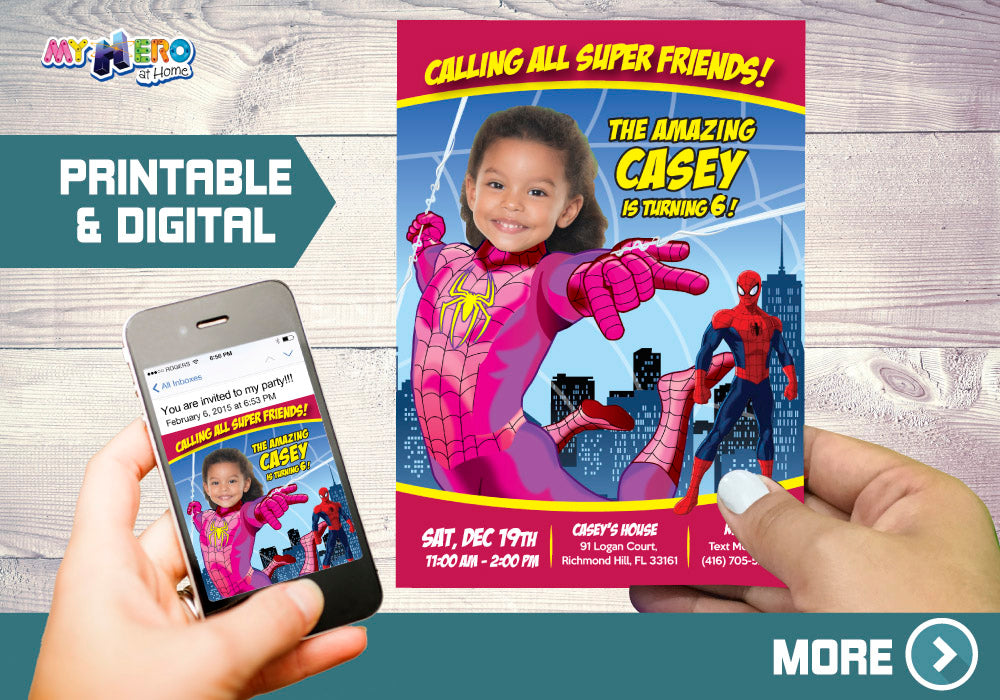Pink Spider-Girl Birthday Invitation with photo, Spider Girl Photo Invitation. 391B