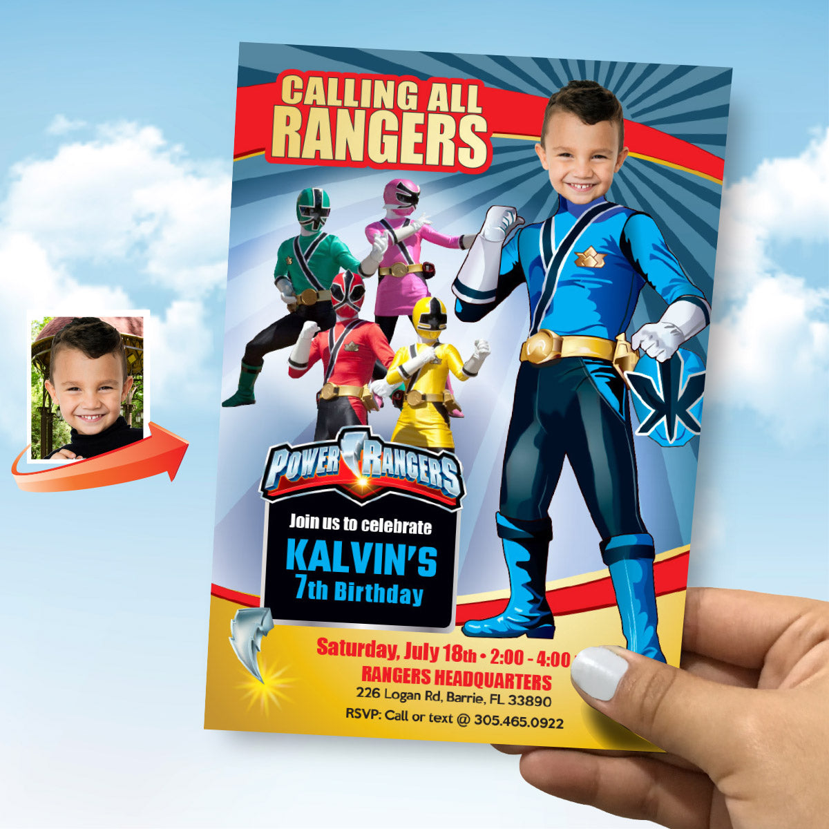 Blue Power Rangers Birthday Invitation, Blue Power Ranger Party photo invitation. 395IN