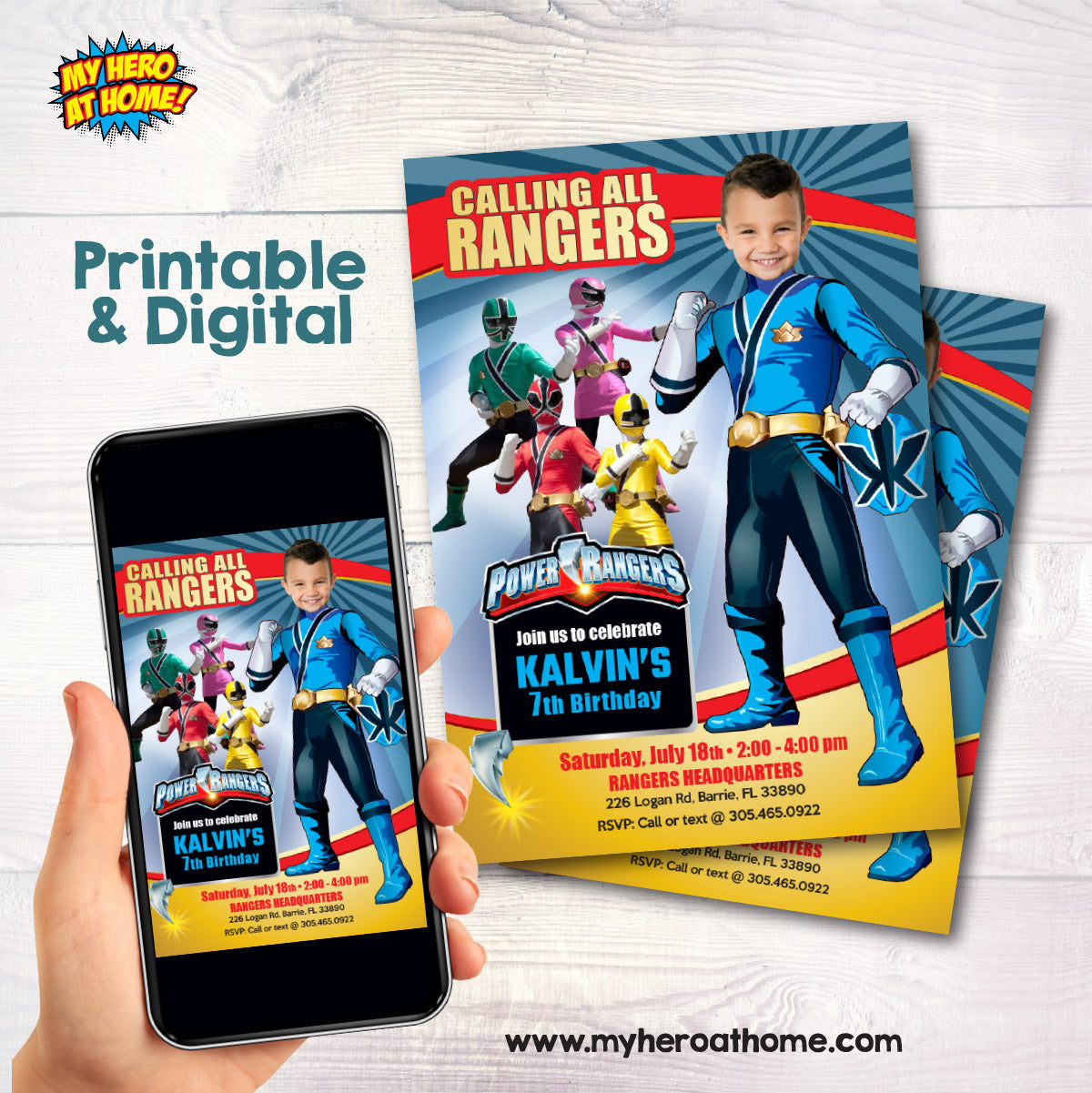 Blue Power Rangers Birthday Invitation, Blue Power Ranger Party photo invitation. 395IN