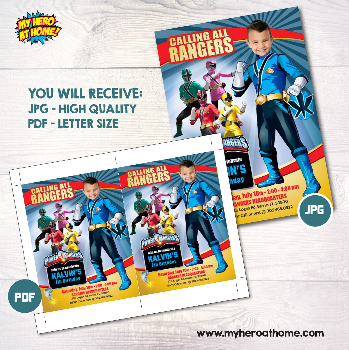 Blue Power Rangers Birthday Invitation, Blue Power Ranger Party photo invitation. 395IN