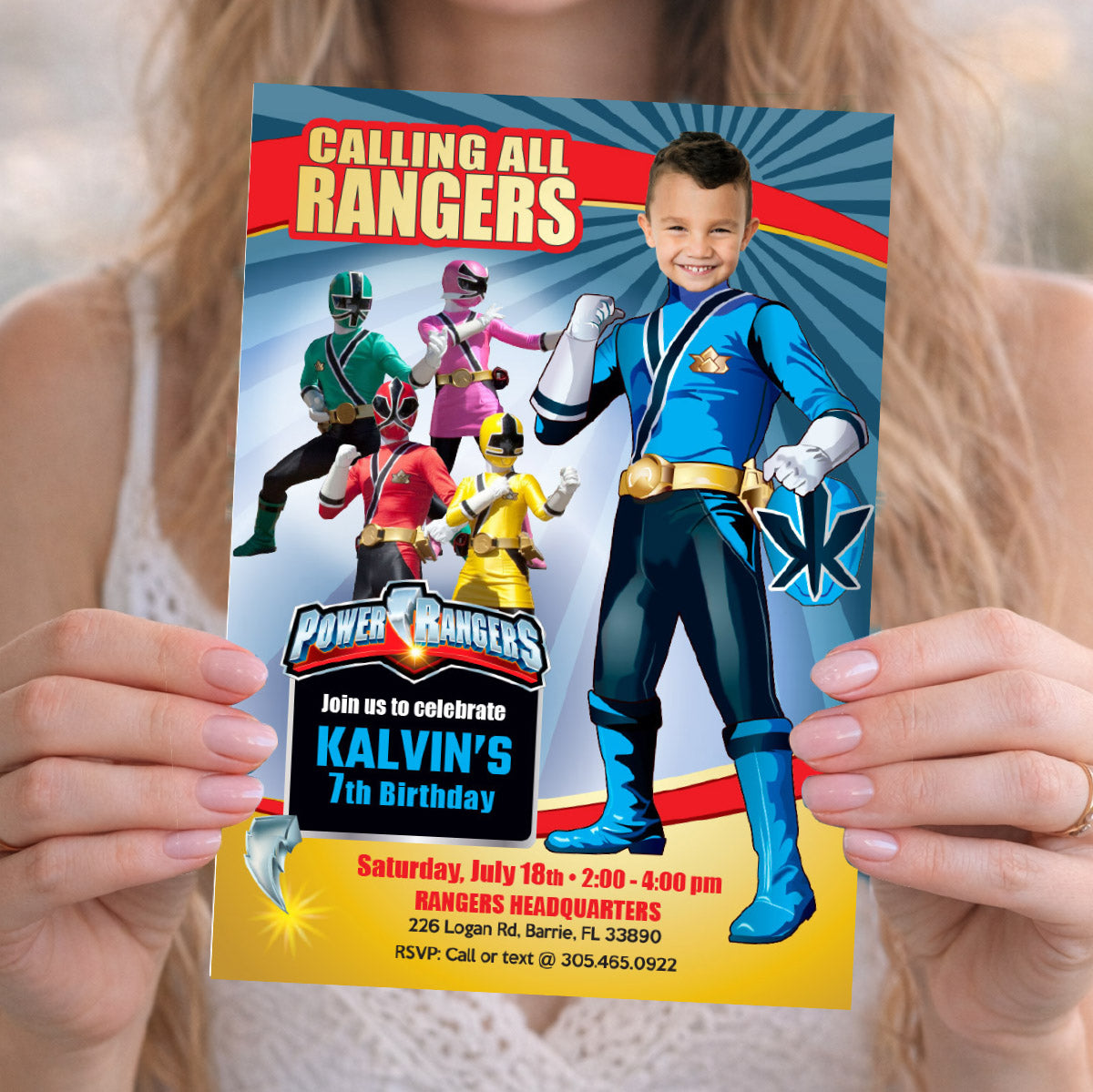 Blue Power Rangers Birthday Invitation, Blue Power Ranger Party photo invitation. 395IN