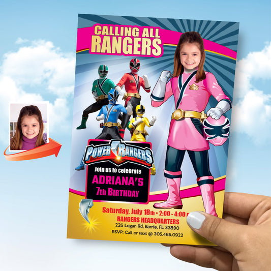Girl Power Rangers Birthday Invitation with photo, Pink Power Rangers Party photo Template. 396IN