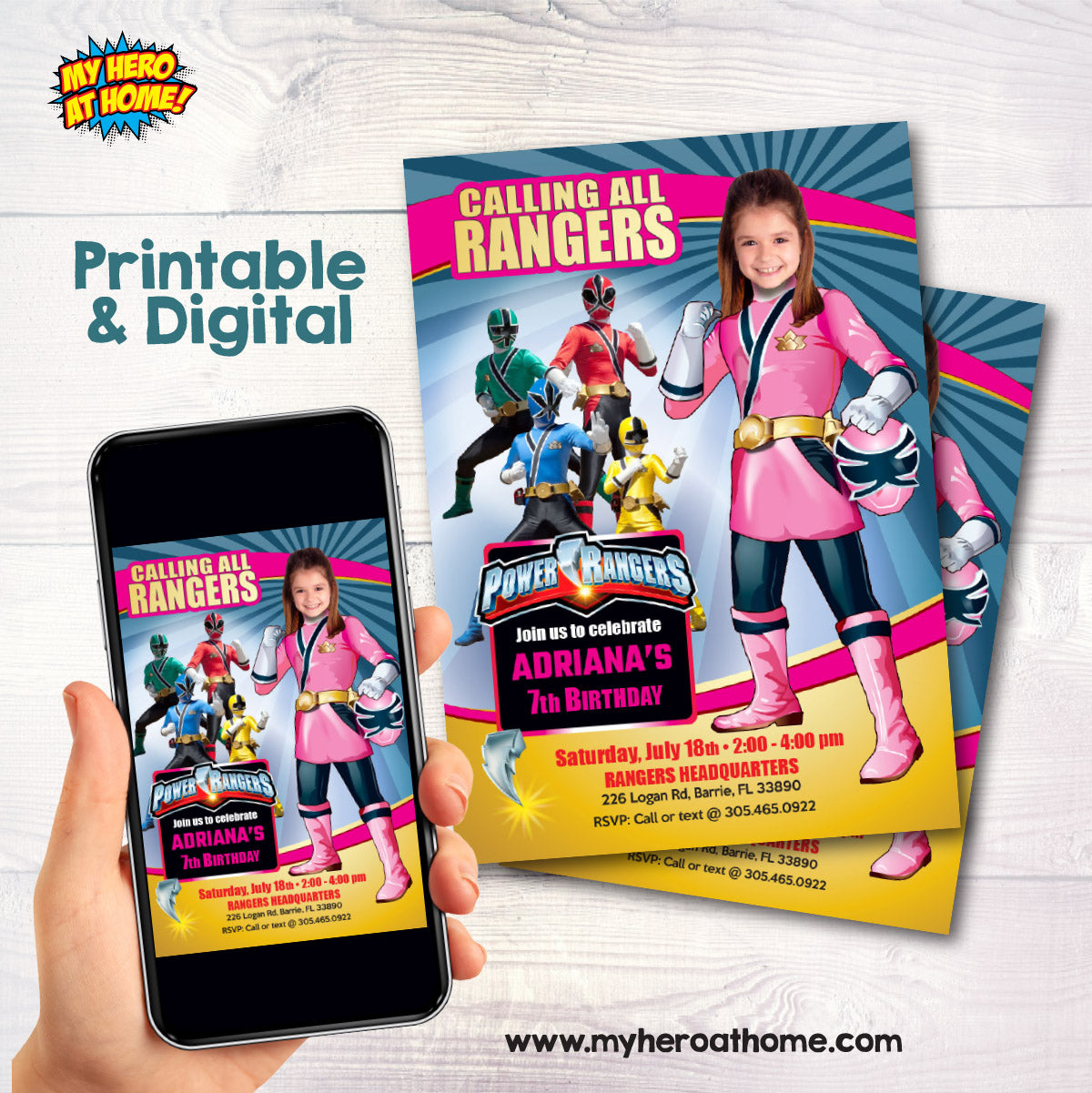 Girl Power Rangers Birthday Invitation with photo, Pink Power Rangers Party photo Template. 396IN