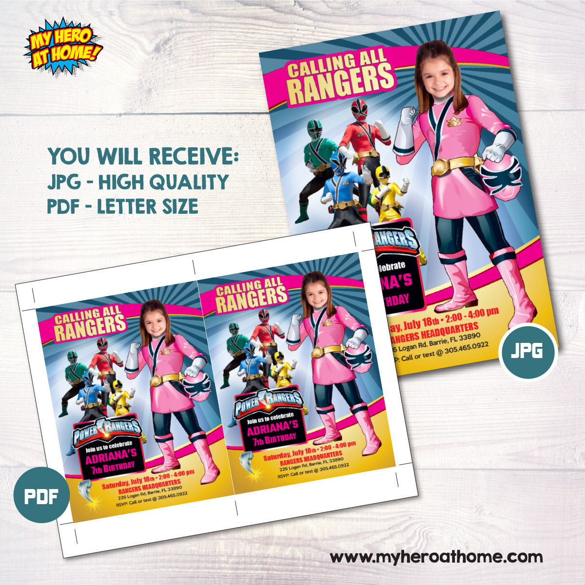 Girl Power Rangers Birthday Invitation with photo, Pink Power Rangers Party photo Template. 396IN