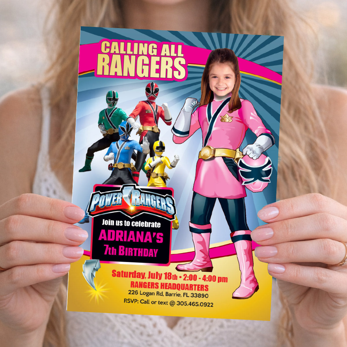 Girl Power Rangers Birthday Invitation with photo, Pink Power Rangers Party photo Template. 396IN