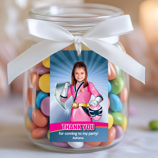 Girl Power Rangers Party Favor Tags with photo, Pink Ranger Photo Thank You. 396TY