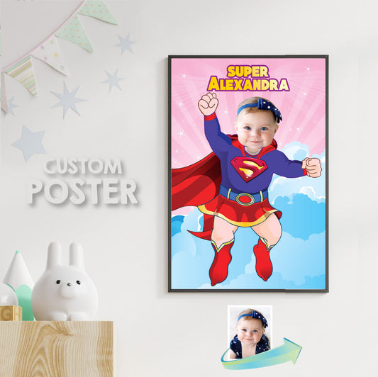 Baby Supergirl Photo Poster, Baby Supergirl gift with photo, Baby Super girl nursery. 397