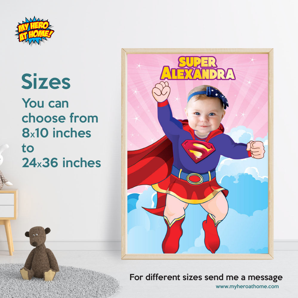 Baby Supergirl Photo Poster, Baby Supergirl gift with photo, Baby Super girl nursery. 397