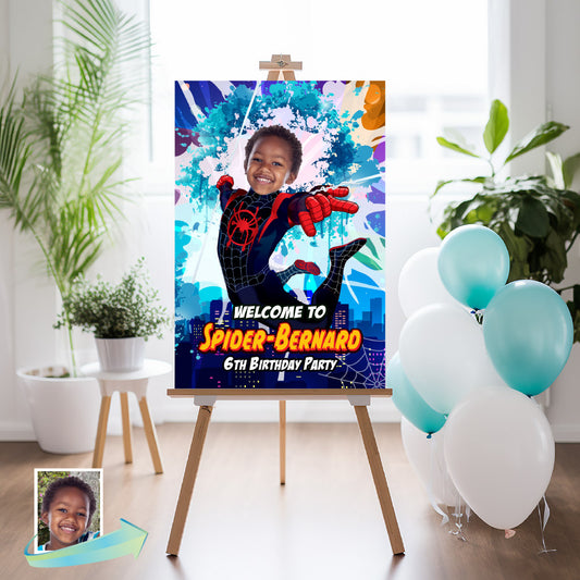Miles Morales Welcome sign with birthday boy as the star, Spiderverse Entrance party. 399WS