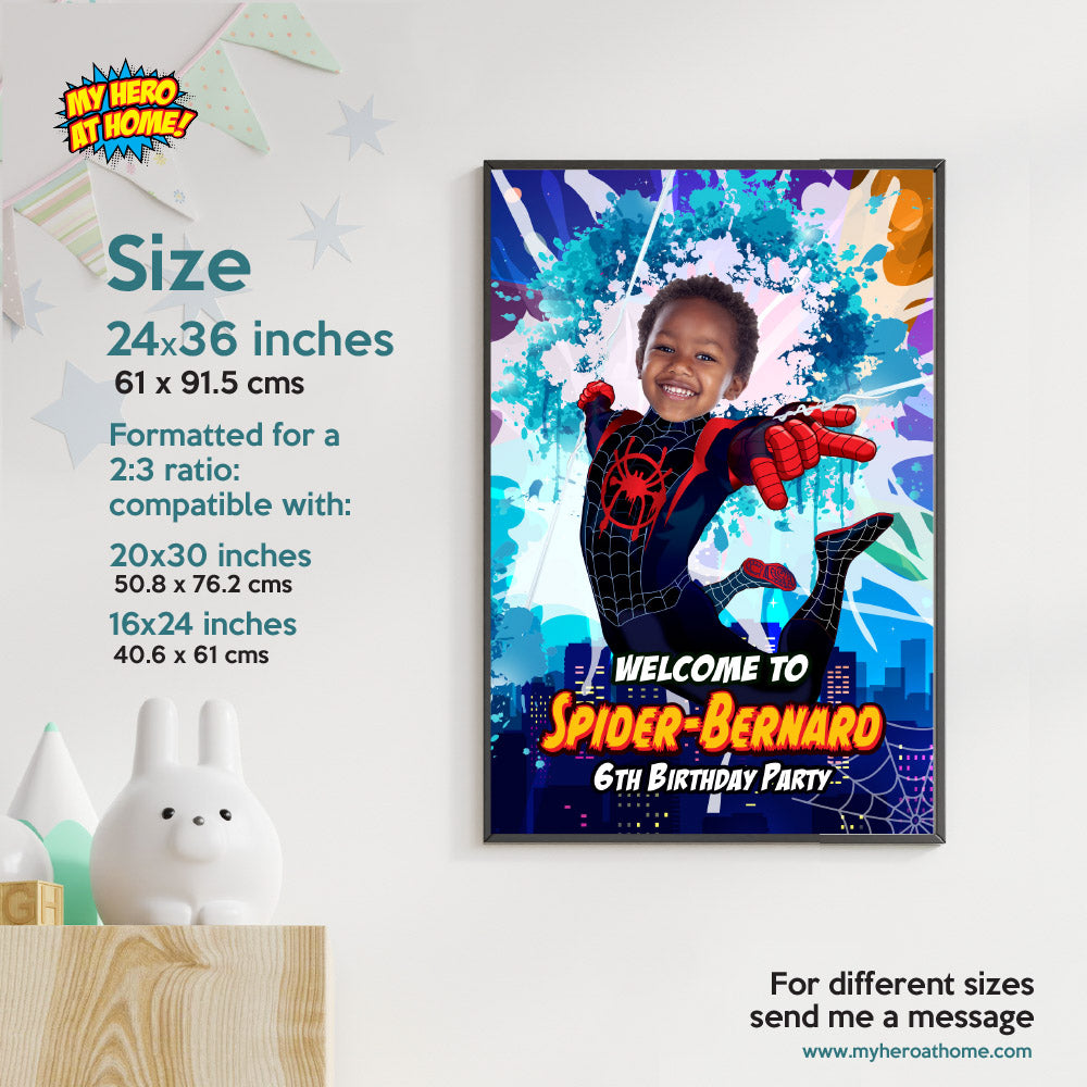 Miles Morales Welcome sign with birthday boy as the star, Spiderverse Entrance party. 399WS