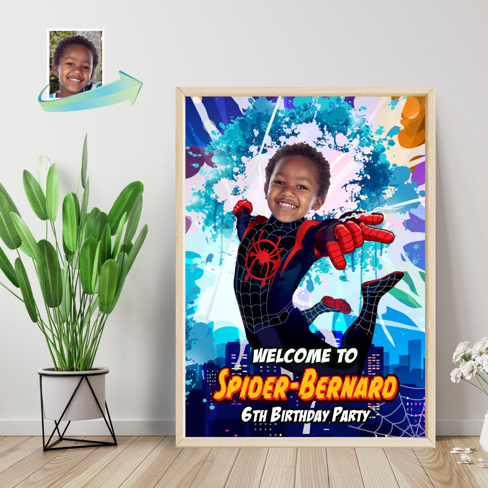 Miles Morales Welcome sign with birthday boy as the star, Spiderverse Entrance party. 399WS