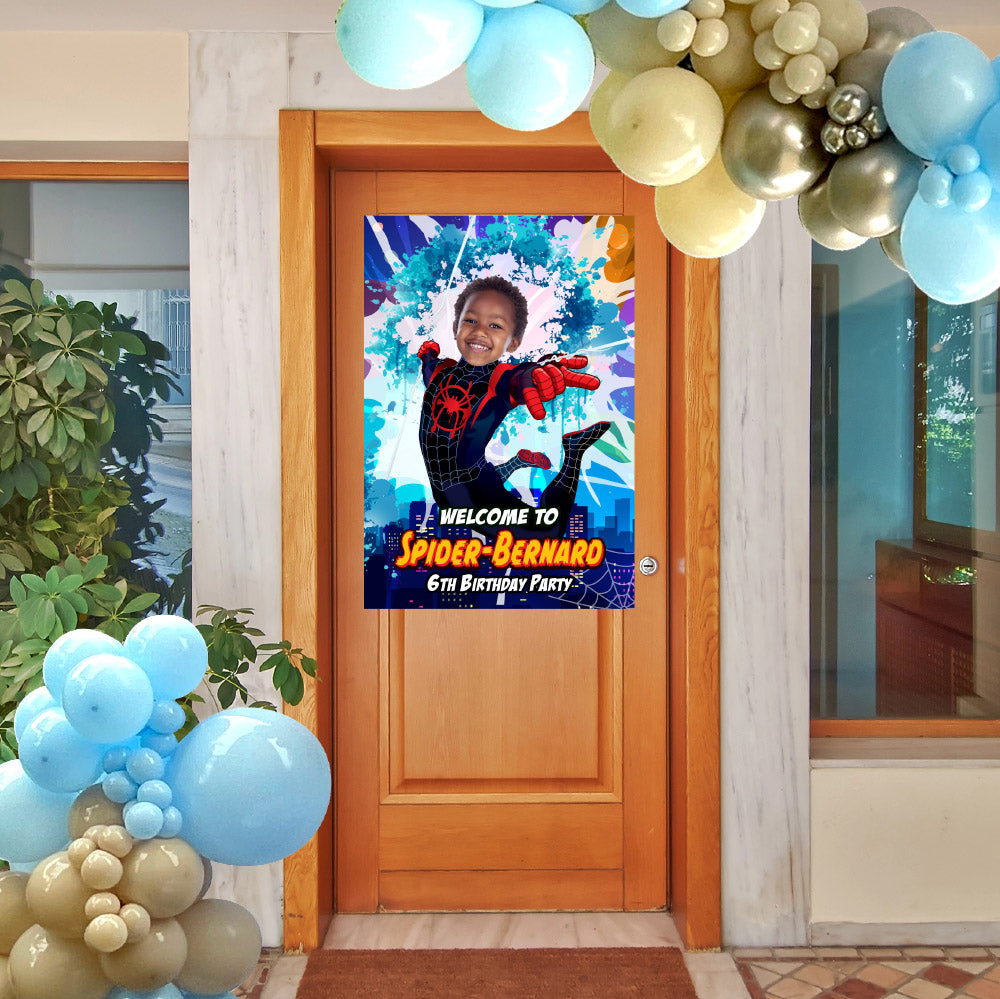 Miles Morales Welcome sign with birthday boy as the star, Spiderverse Entrance party. 399WS