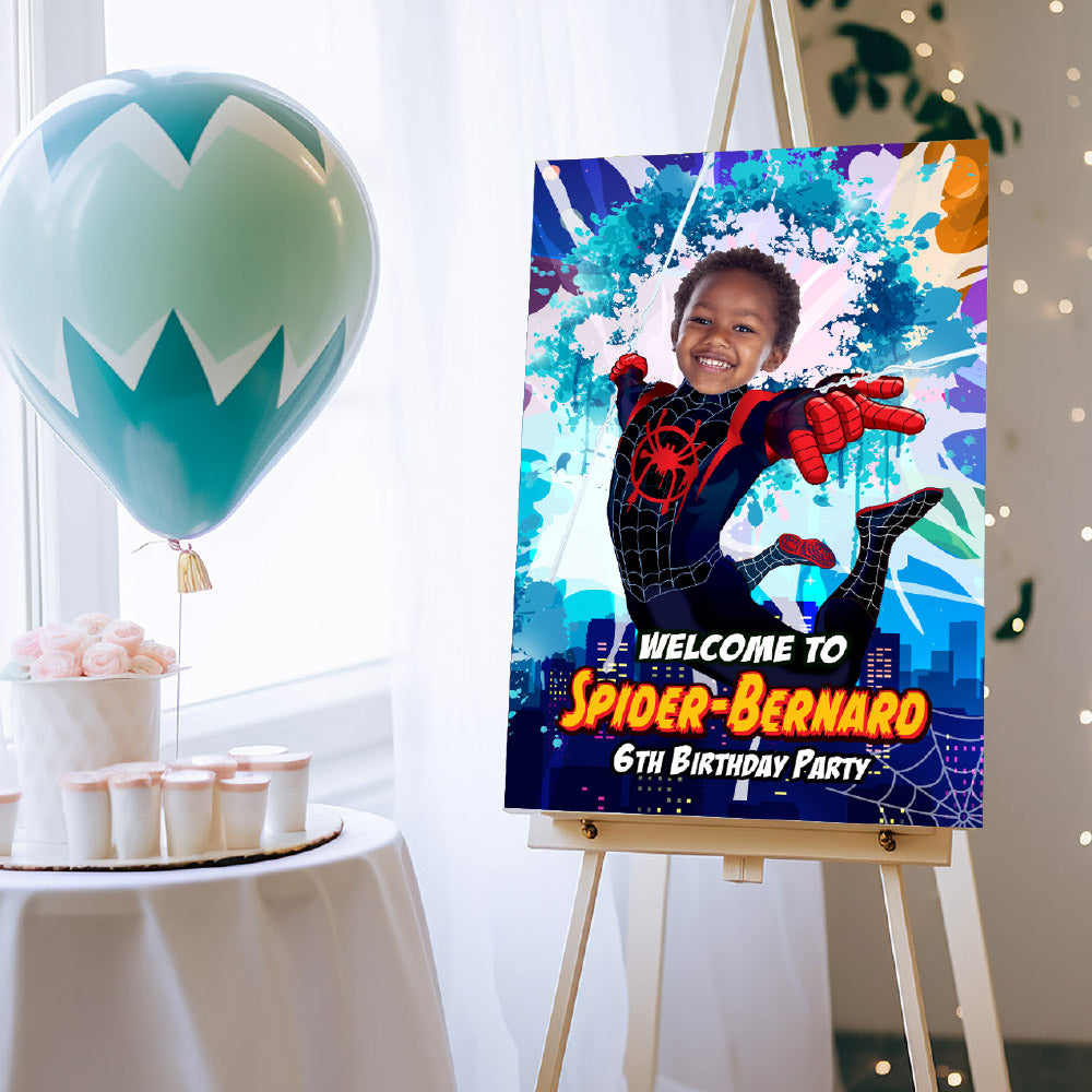 Miles Morales Welcome sign with birthday boy as the star, Spiderverse Entrance party. 399WS