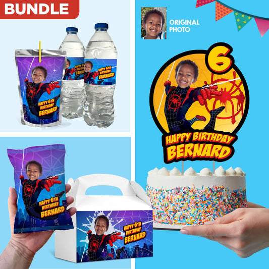 Bundle Spiderverse Party table with kid as Miles Morales: cake topper, favors, drinks and Chips labels. 399B1