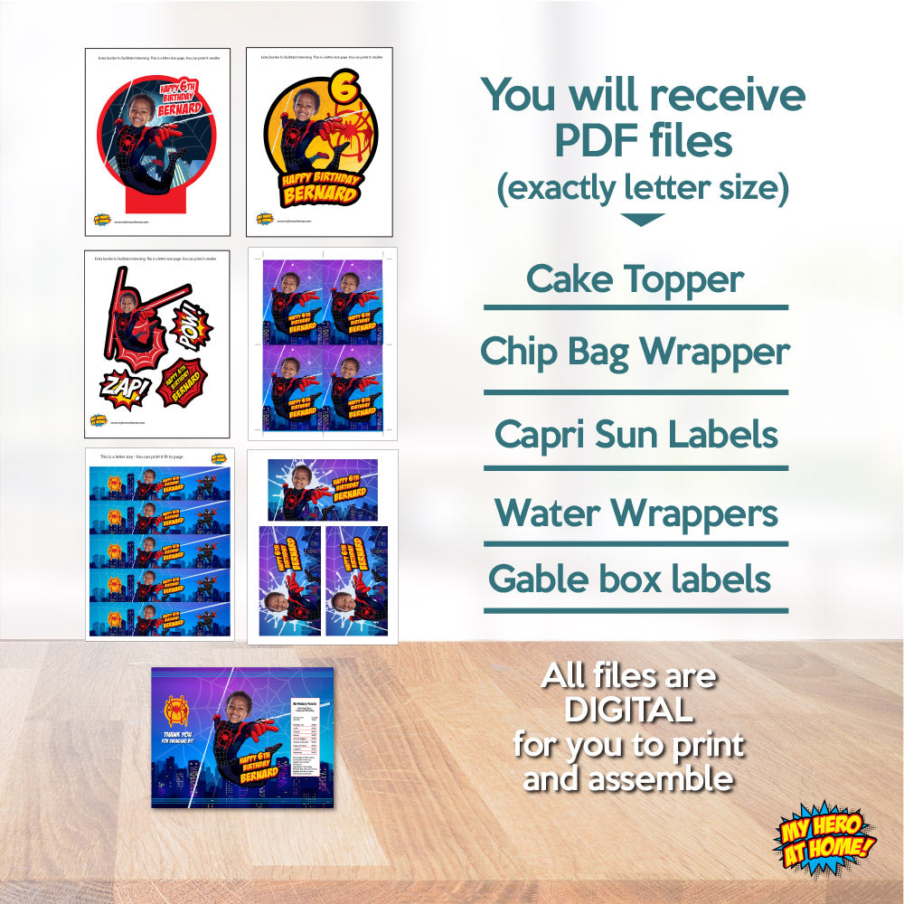 Bundle Spiderverse Party table with kid as Miles Morales: cake topper, favors, drinks and Chips labels. 399B1