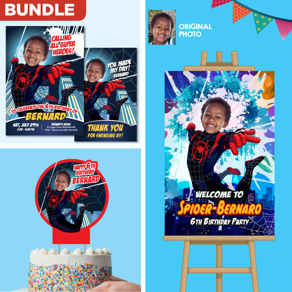 Bundle Miles Morales Birthday matching items with photo: Invitation, Thank you, Cake topper, Welcome sign. 399B2