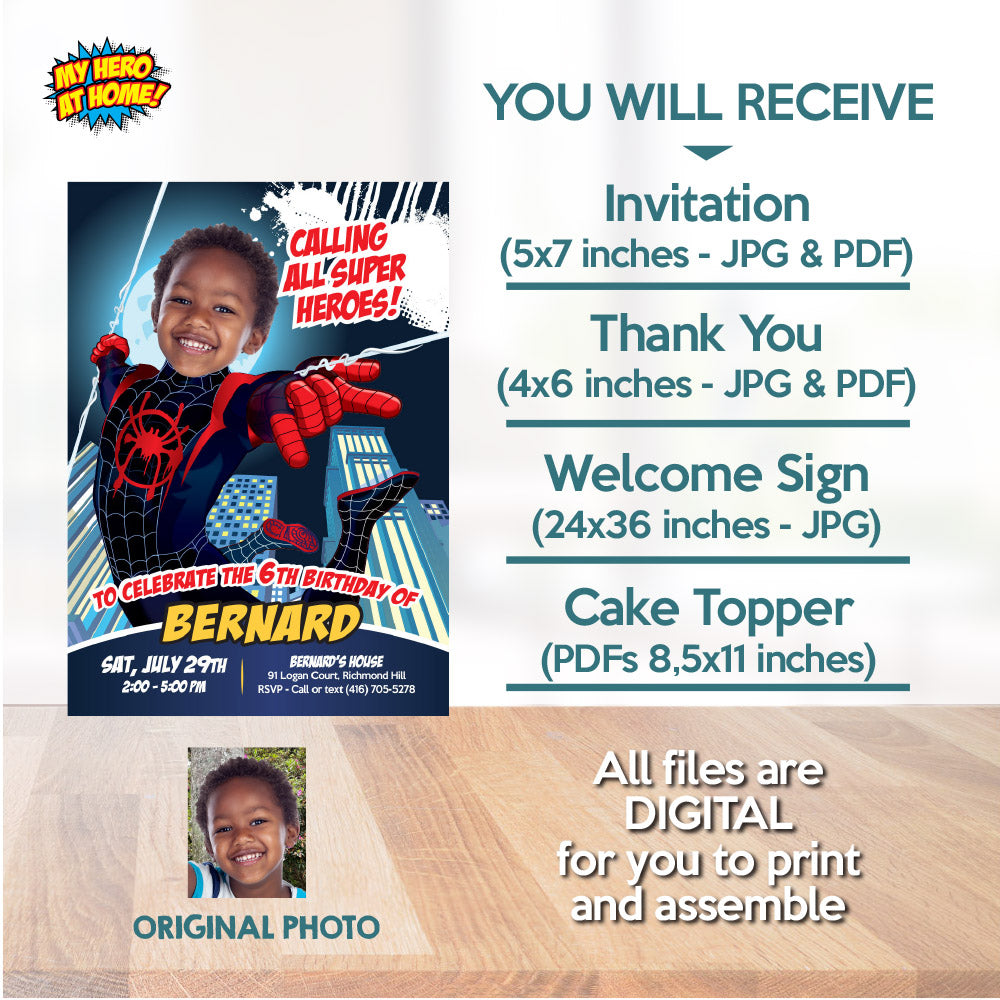 Bundle Miles Morales Birthday matching items with photo: Invitation, Thank you, Cake topper, Welcome sign. 399B2