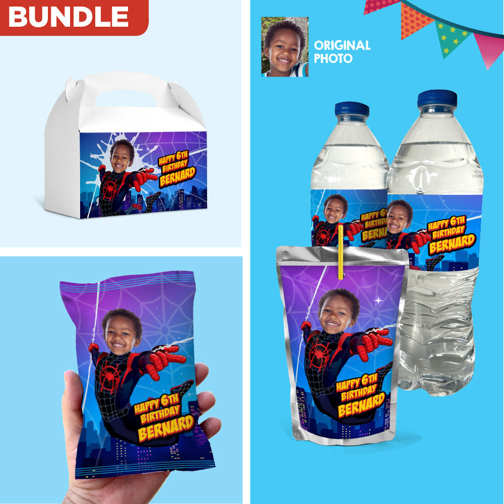 Bundle Miles Morales Party snacks matching labels with photo: drinks, favors, Chips. 399B3