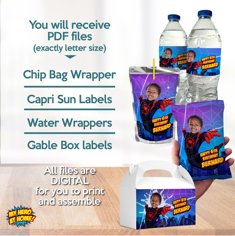 Bundle Miles Morales Party snacks matching labels with photo: drinks, favors, Chips. 399B3